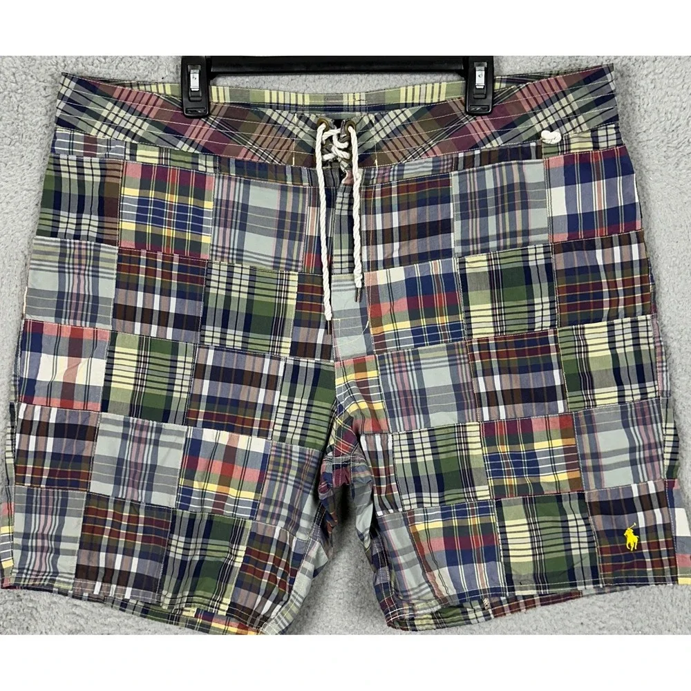 Polo Ralph Lauren Swim Trunks Mens 40 Multicolor Patchwork Plaid Board Shorts